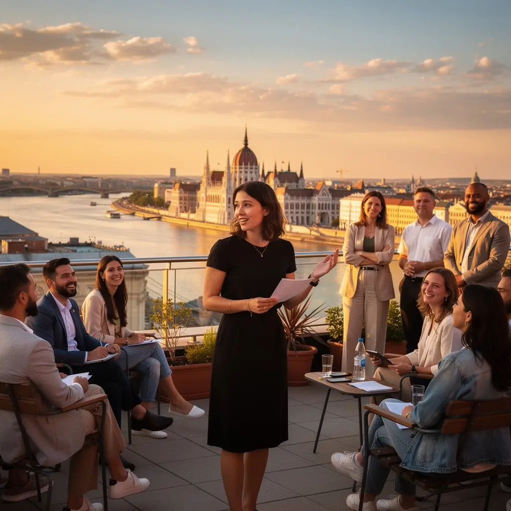 Csoportos tréning, ahol a résztvevők együtt gyakorolják a beszédtechnikákat.