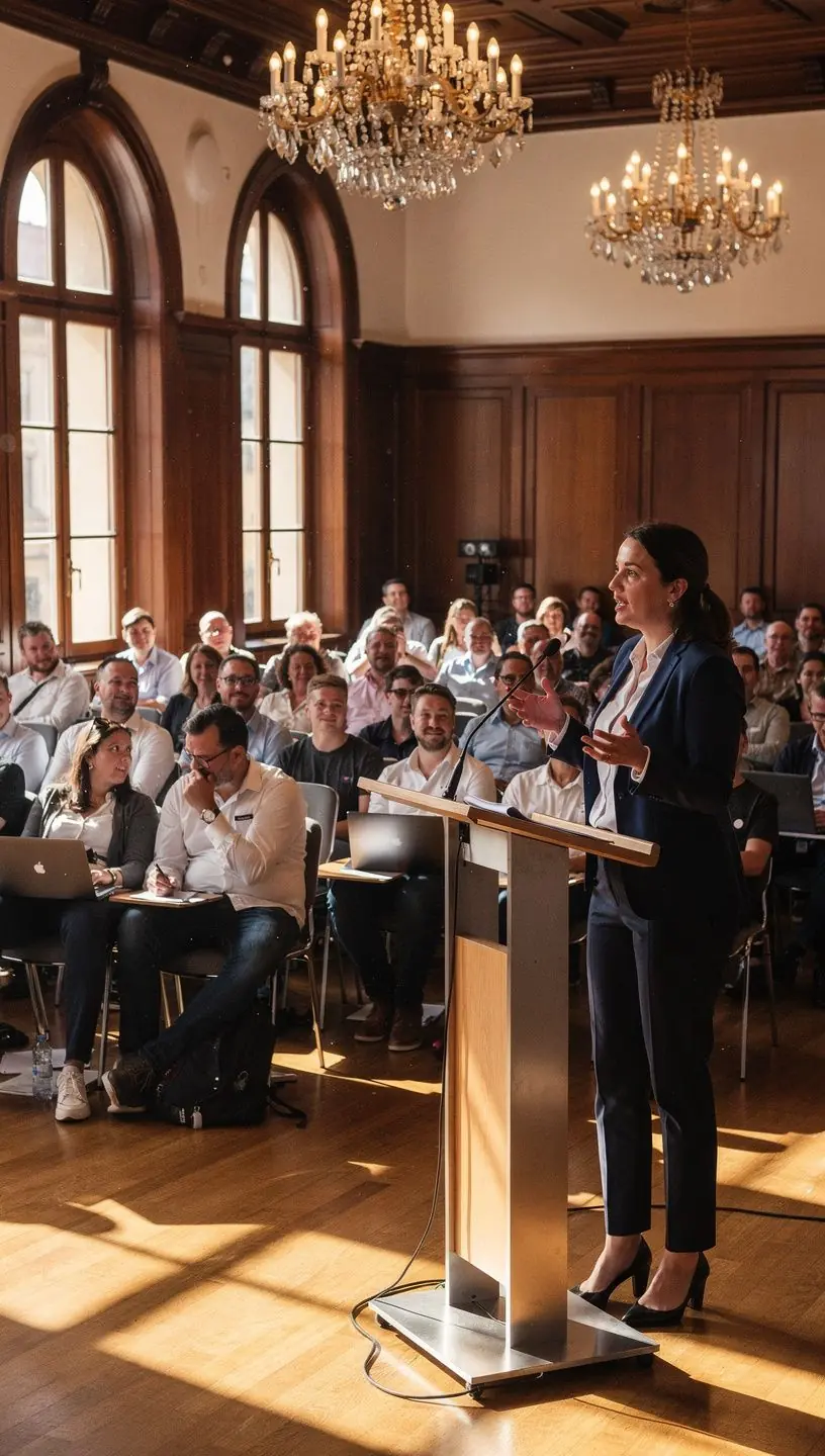 Sikeres előadó a színpadon, magabiztosan beszél a közönséghez.