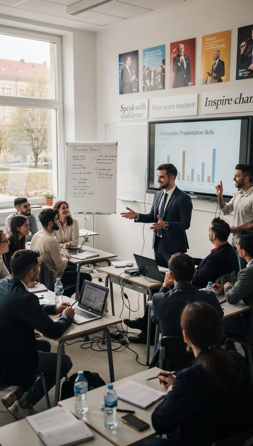 Csoportos tréning, ahol résztvevők gyakorolják a nyilvános beszédet, támogató környezetben, jókedvűen és motiváltan.