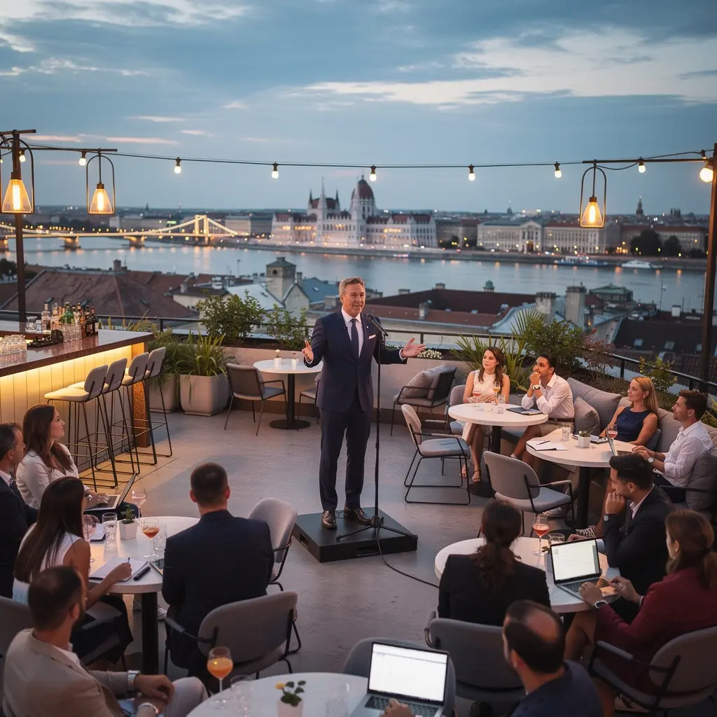 Csoportos tréning, ahol résztvevők gyakorolják a nyilvános beszédet, támogató környezetben, jókedvűen és motiváltan.